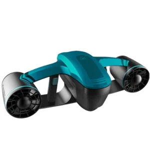 Introducing the Robosea Seaflyer, a sophisticated underwater scooter with a contemporary design in turquoise and black. It boasts two propellers on each side and a central grip for effortless maneuverability.